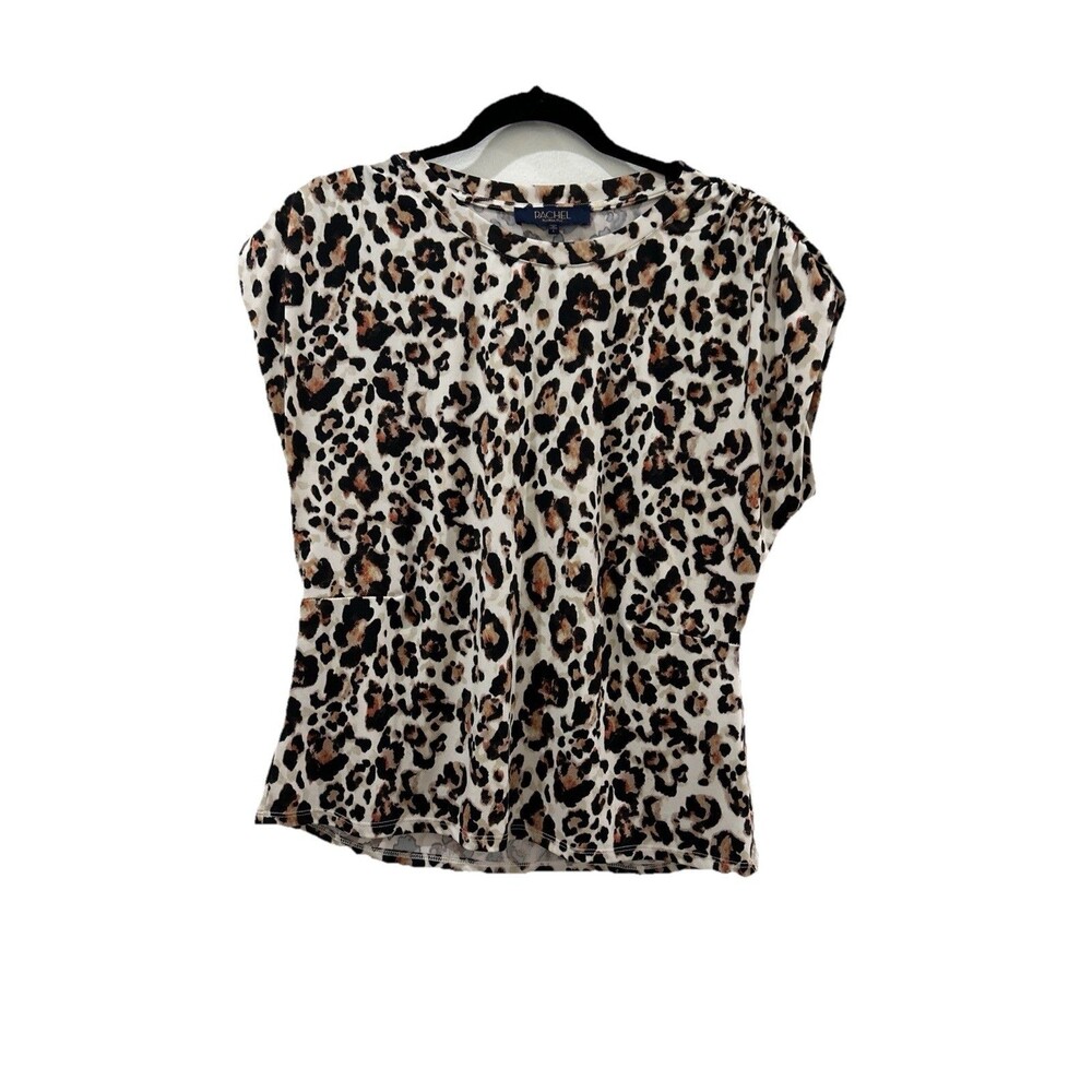 Rachel Roy Womens Sz L Beige Black Brown Leopard Print Crew Neck Short Sleeve